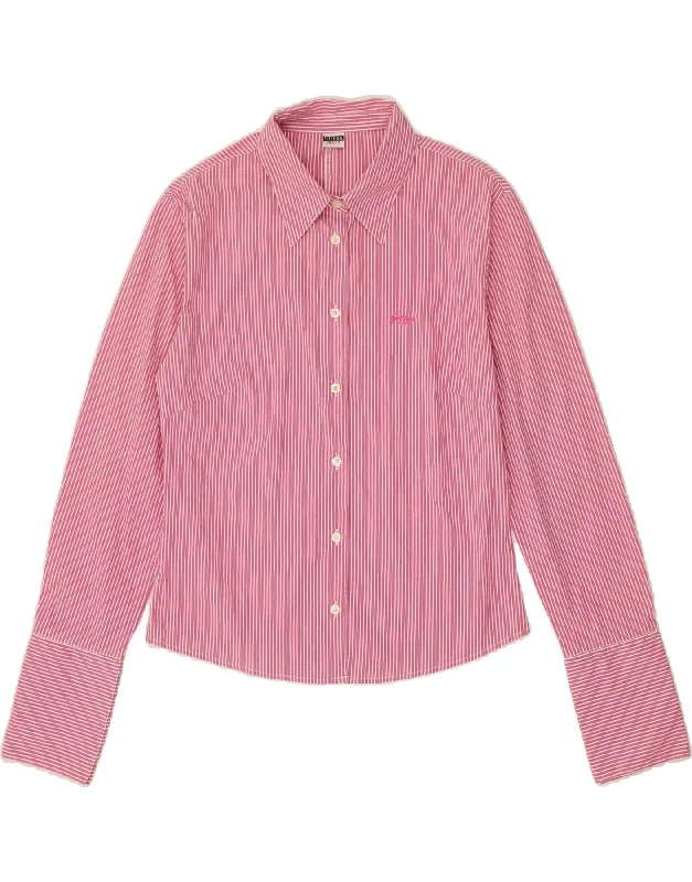 GUESS Womens Shirt UK 12 Medium Pink Striped Cotton Cozy Plain Short Sleeve