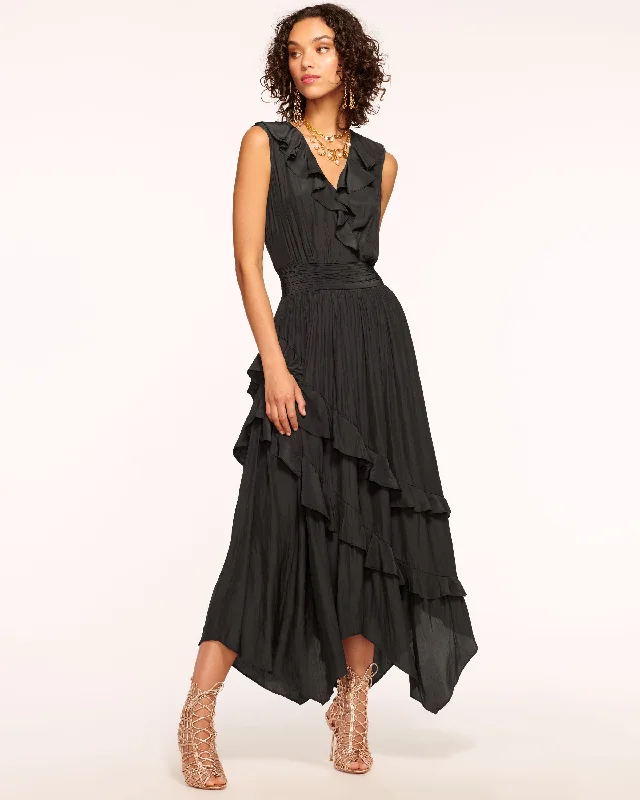 Hadlee Ruffled Midi Dress Trendy Mock Neck Midi Dress