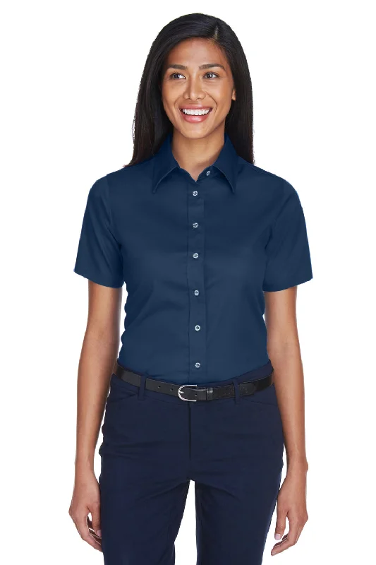 Harriton Womens Wrinkle Resistant Short Sleeve Button Down Shirt - Navy Blue Fashionable Sheer Short Shirt