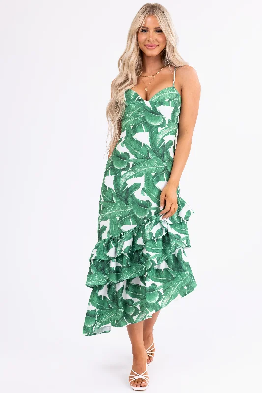 Ivory and Hunter Green Leaf Print Midi Dress Cozy Ribbed Knit Midi Dress