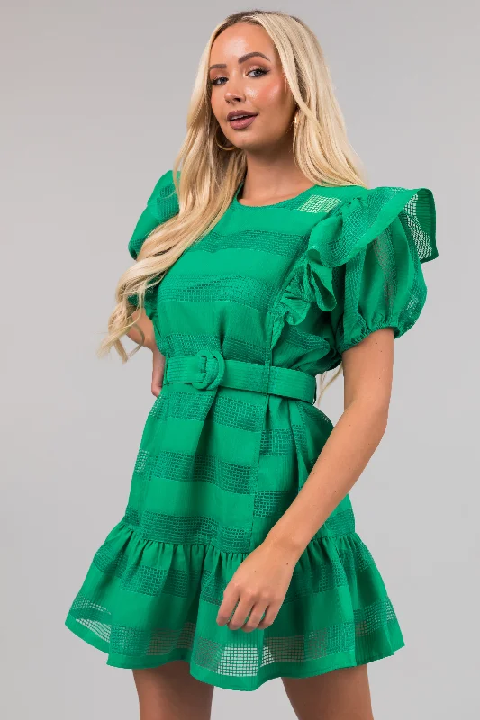 Kelly Green Ruffle Belted Waist Striped Mini Dress Chic Puff Sleeve Mini Dress