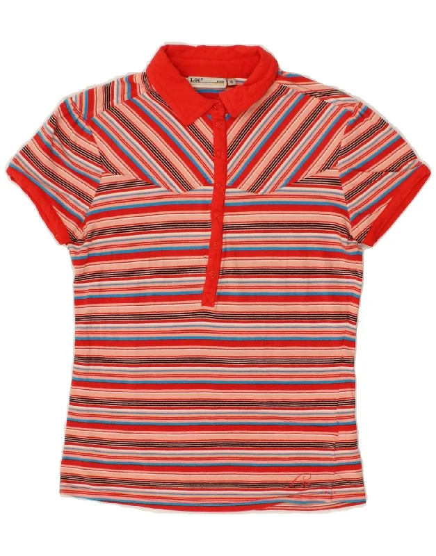 LEE Womens Polo Shirt UK 10 Small Red Striped Cotton Fashionable Short Sleeve Shirt