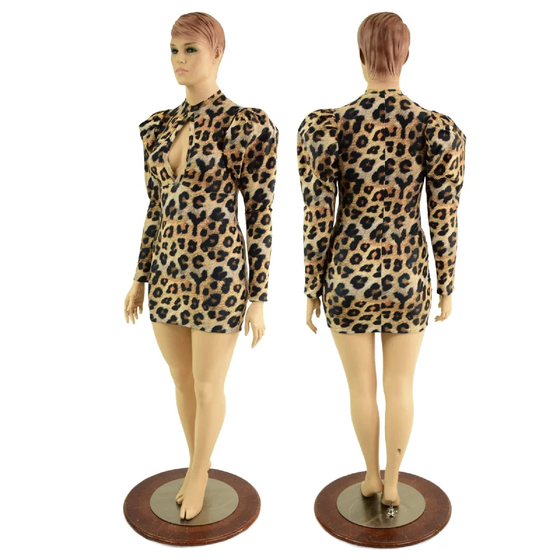 Leopard Print Bodycon Mini Dress with Victoria Sleeves Comfortable Ruffle Mini Dress