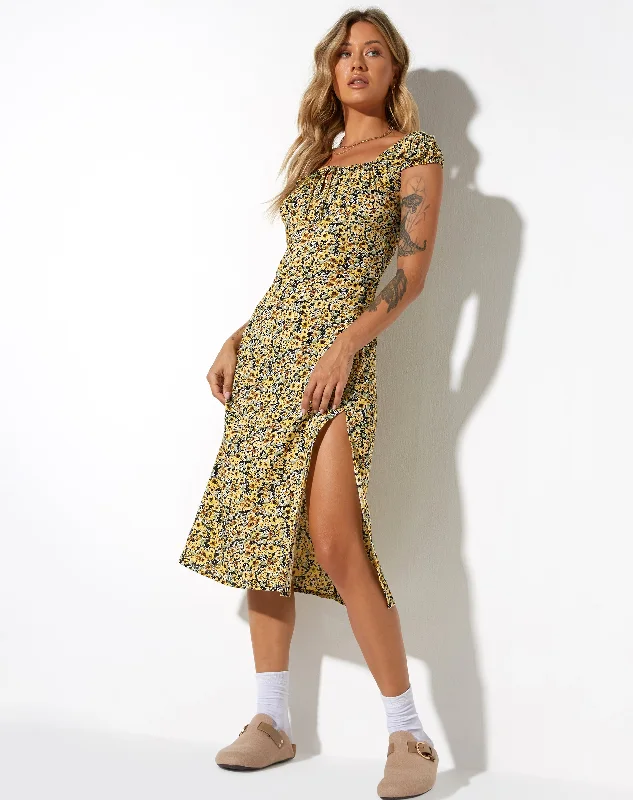 Lona Midi Dress in Spring Ditsy Yellow Cozy Midi Dress with Pockets