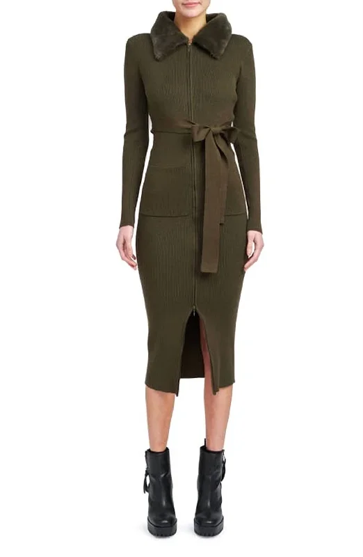 Long Sleeve Belted Midi Dress With Faux Fur Collar In Olive Stylish Wraparound Midi Dress