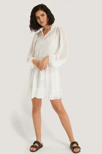 Long Sleeve Flowy Mini Dress White Chic Mini Dress with V-Neck