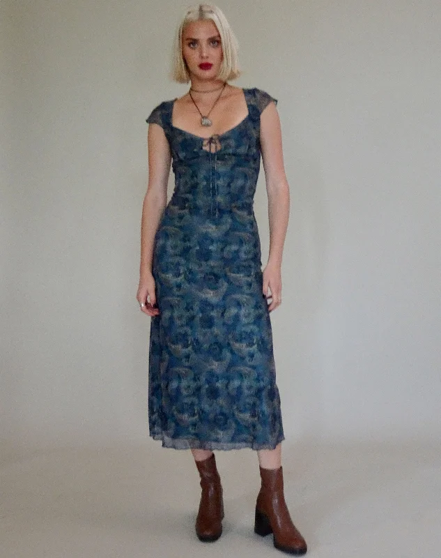 Lunama Mesh Midi Dress in Tonal Blue Paisley Fashionable Fitted Midi Dress