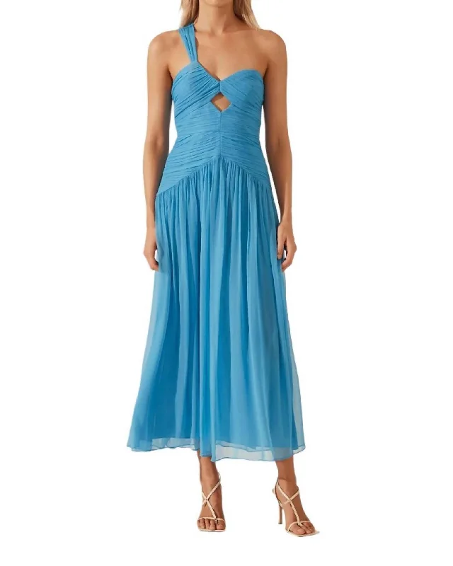 Margot One Shoulder Midi Dress In Aqua Elegant Sleeveless Midi Dress