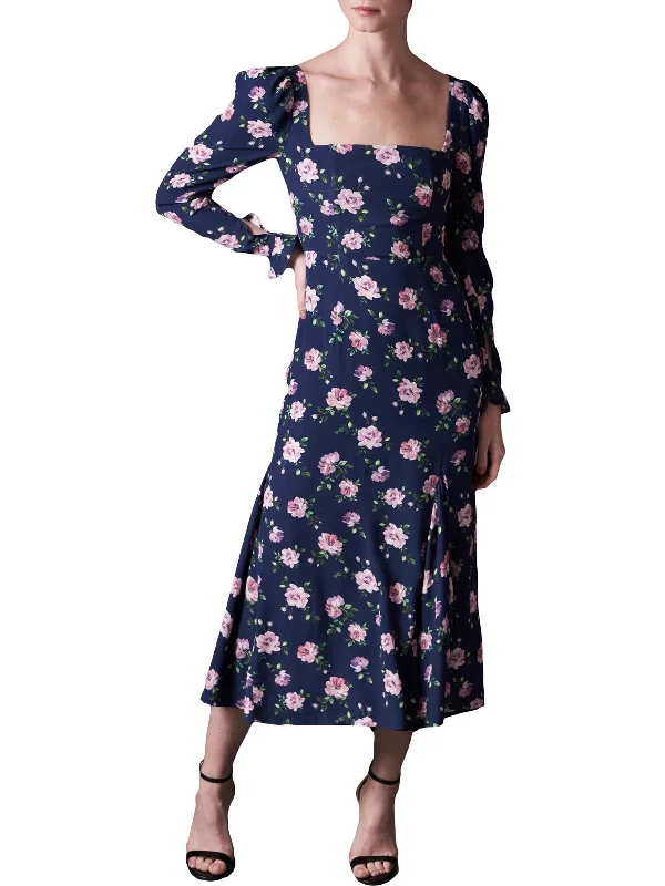 Marianne Womens Floral Puff Sleeve Midi Dress Trendy Tiered Hem Midi Dress