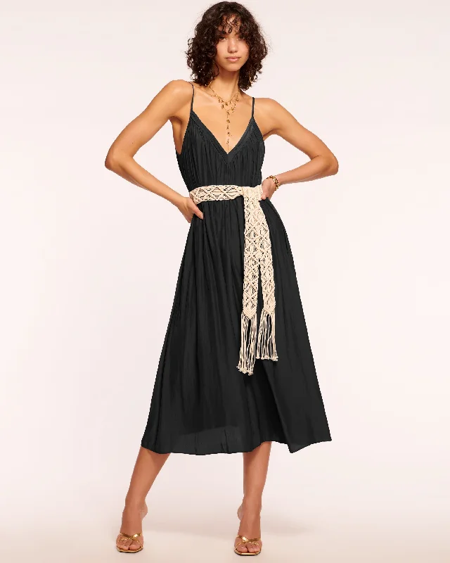 May Belted V-Neck Midi Dress Trendy Off-Shoulder Button Midi Dress