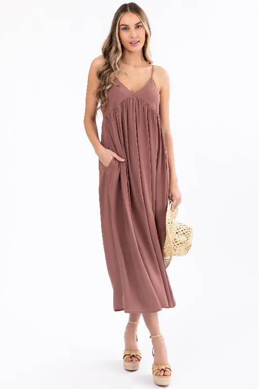 Mocha Woven Strapless Flowy Midi Dress Trendy Boho Midi Dress