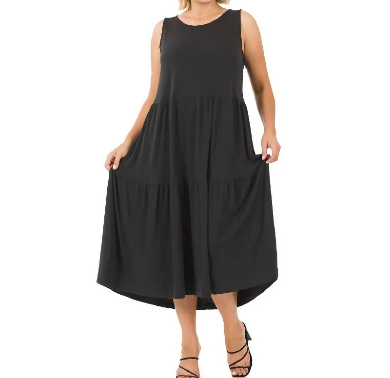 Monica Tiered Midi Dress In Black Comfortable Ribbed Midi Dress