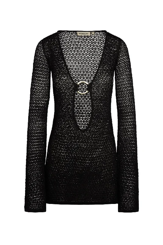 Montego Mini Dress - Black Lace Crochet Trendy Lace Mini Dress