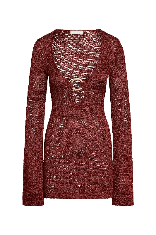 Montego Mini Dress - Burgundy Treble Knit Trendy A-Line Mini Dress