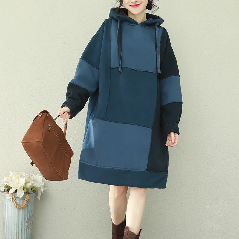 Natural patchwork hooded Cotton quilting dresses 2024 blue Midi Dress Fashionable Polka Dot Midi Dress