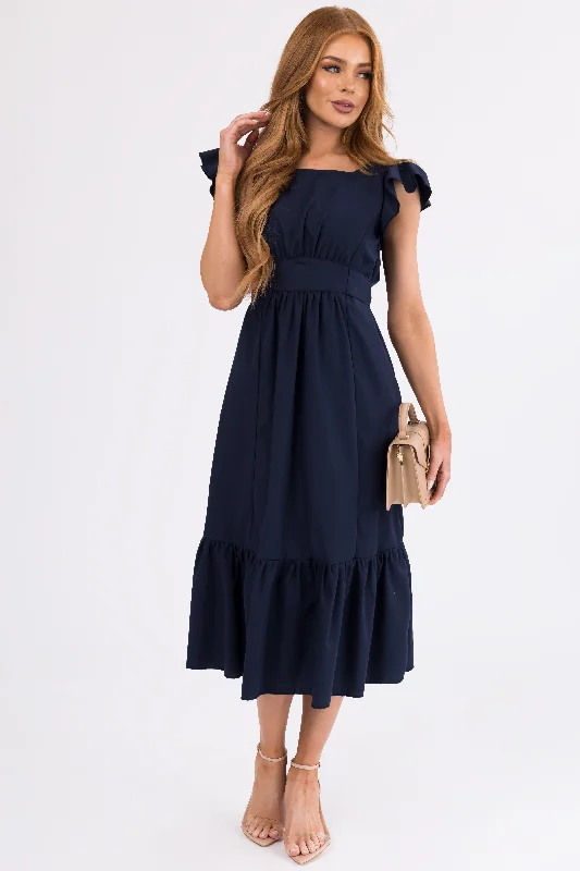 Navy Open Back Ruffle Short Sleeve Midi Dress Fashionable High-Neck Midi Dress