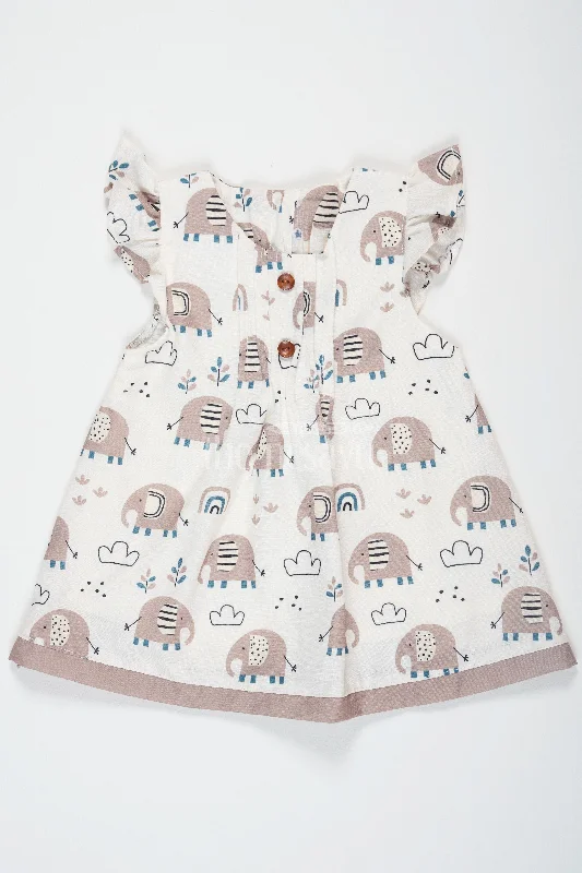 Brown Elephant Print Baby Cotton Mini Dress with Ruffled Sleeves for Girls Elegant Mini Dress with Ruffles