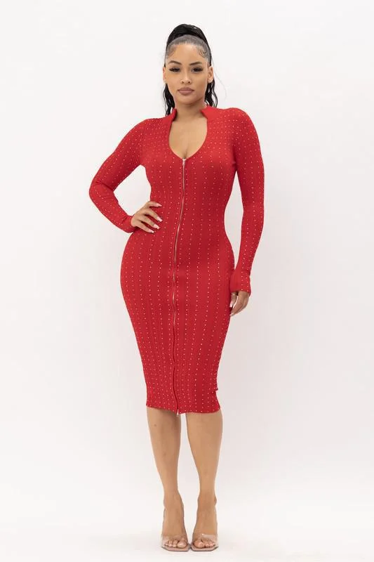 Rhinestone Zip Up Midi Dress Stylish Button-Up Midi Dress