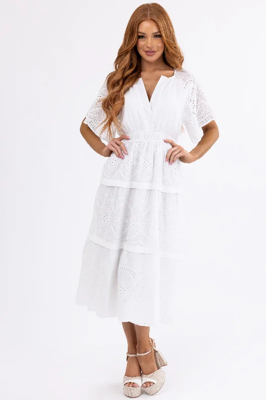 Off White Eyelet Detailed Tiered Midi Dress Elegant Pleated Detail Midi Dress