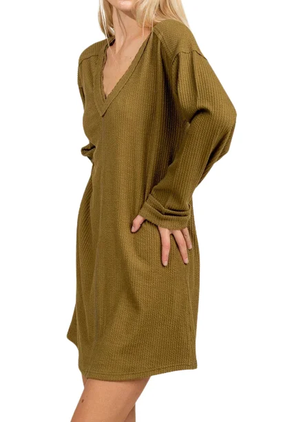 Olive V-Neck Long Sleeve Rib Mini Dress - Pack of 6 Chic Tropical Mini Dress