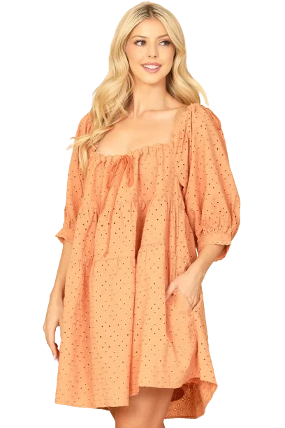 Peach Puff Sleeve Eyelet Babydoll Mini Dress - Pack of 5 Cozy T-Shirt Mini Dress