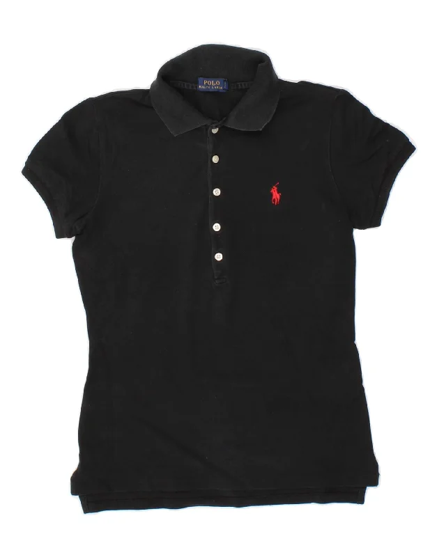 POLO RALPH LAUREN Womens Polo Shirt UK 10 Small Black Cotton Cozy Printed Short Shirt