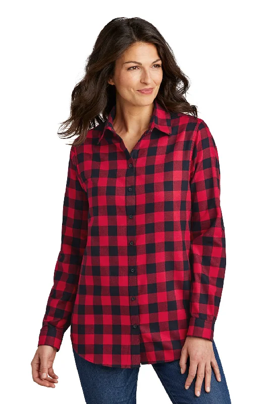 Port Authority Womens Flannel Long Sleeve Button Down Shirt - Red/Black Buffalo Fashionable Draped Short Sleeve