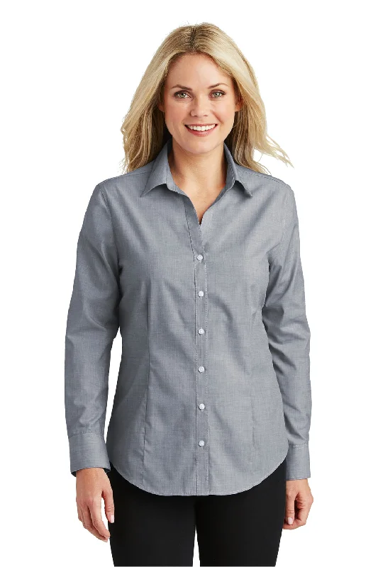 Port Authority Womens Easy Care Wrinkle Resistant Long Sleeve Button Down Shirt - Navy Blue Frost - Closeout Stylish Striped Short Sleeve