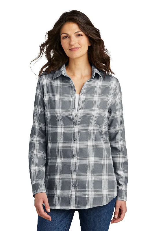 Port Authority Womens Flannel Long Sleeve Button Down Shirt - Grey/Cream Open Plaid - NEW Casual Boxy Short Shirt