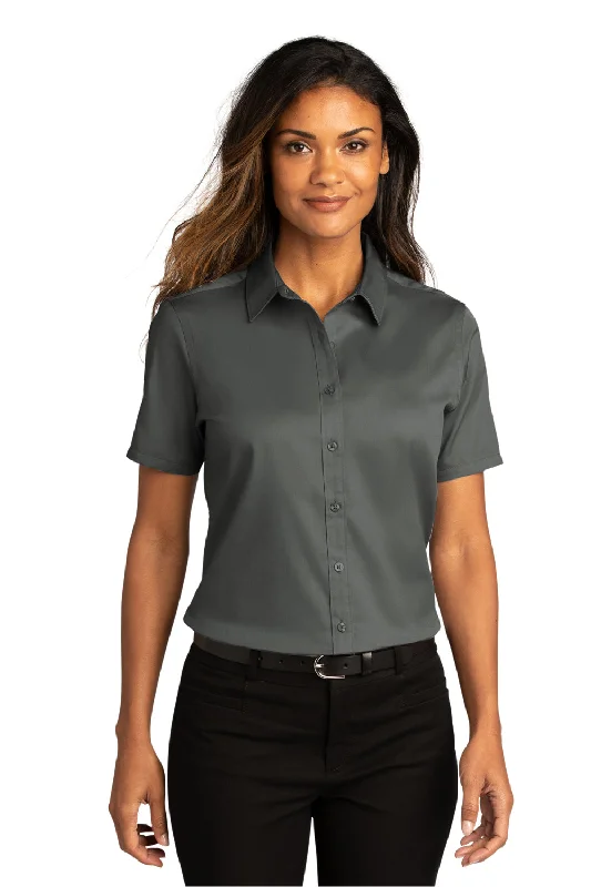 Port Authority Womens SuperPro Wrinkle Resistant React Short Sleeve Button Down Shirt - Storm Grey Elegant Longline Short Shirt