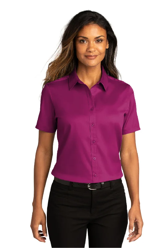 Port Authority Womens SuperPro Wrinkle Resistant React Short Sleeve Button Down Shirt - Wild Berry Classic V-Neck Short Shirt