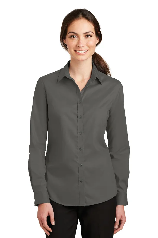 Port Authority Womens SuperPro Wrinkle Resistant Long Sleeve Button Down Shirt - Sterling Grey Fashionable Pleated Short Shirt