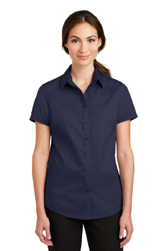 Port Authority Womens SuperPro Wrinkle Resistant Short Sleeve Button Down Shirt - True Navy Blue Soft Flowing Short Shirt