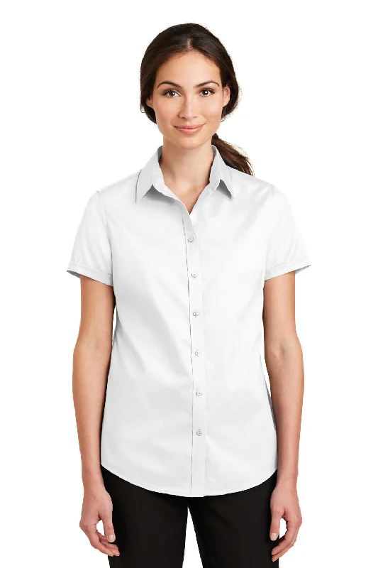 Port Authority Womens SuperPro Wrinkle Resistant Short Sleeve Button Down Shirt - White Classic Button-Up Short Tee