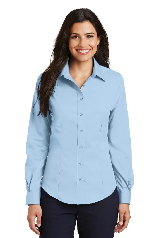 Port Authority Womens Wrinkle Resistant Long Sleeve Button Down Shirt - Sky Blue - Closeout Chic V-Neck Short Blouse