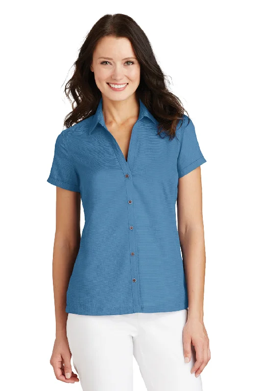 Port Authority Womens Wrinkle Resistant Short Sleeve Button Down Camp Shirt - Celadon Blue - Closeout Classic Cropped Short Sleeve