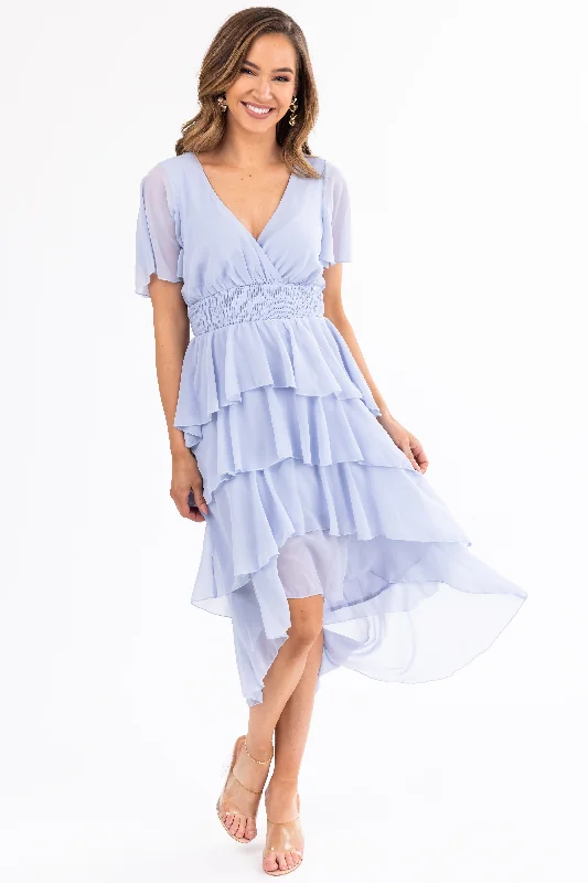 Powder Blue Ruffle High Low Midi Dress Trendy Smocked Detail Midi Dress