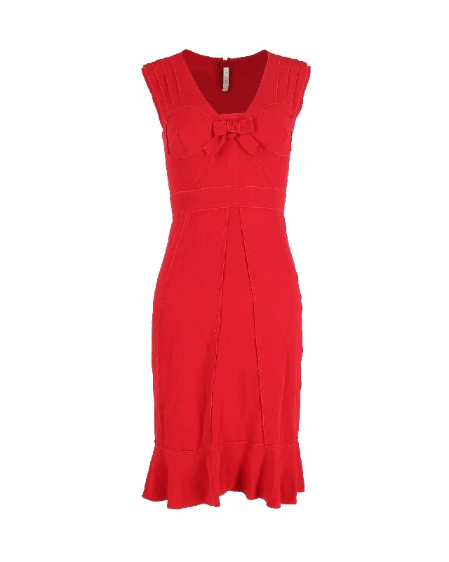 Prada V-neck Bow Midi Dress in Red Acetate Chic Off-Shoulder Midi Dress