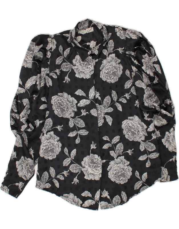 PRIMAVERA FIRENZE Womens Shirt Blouse UK 16 Large Black Floral Polyester Fashionable Draped Short Sleeve