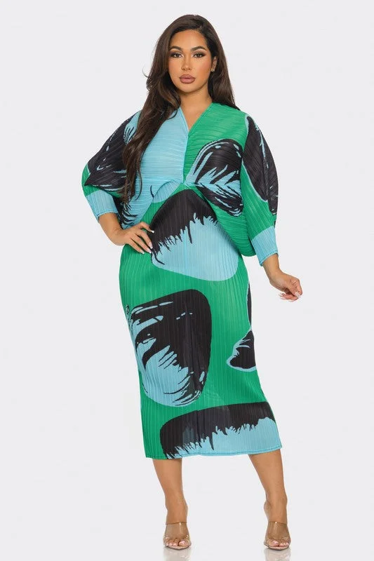 Printed Midi Dress (Green) Trendy Fit-and-Flare Midi Dress