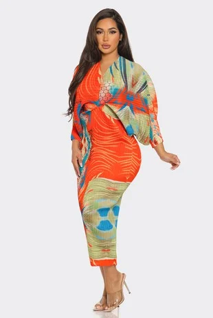 Printed Midi Dress (Orange) Stylish Long Sleeve Floral Midi Dress