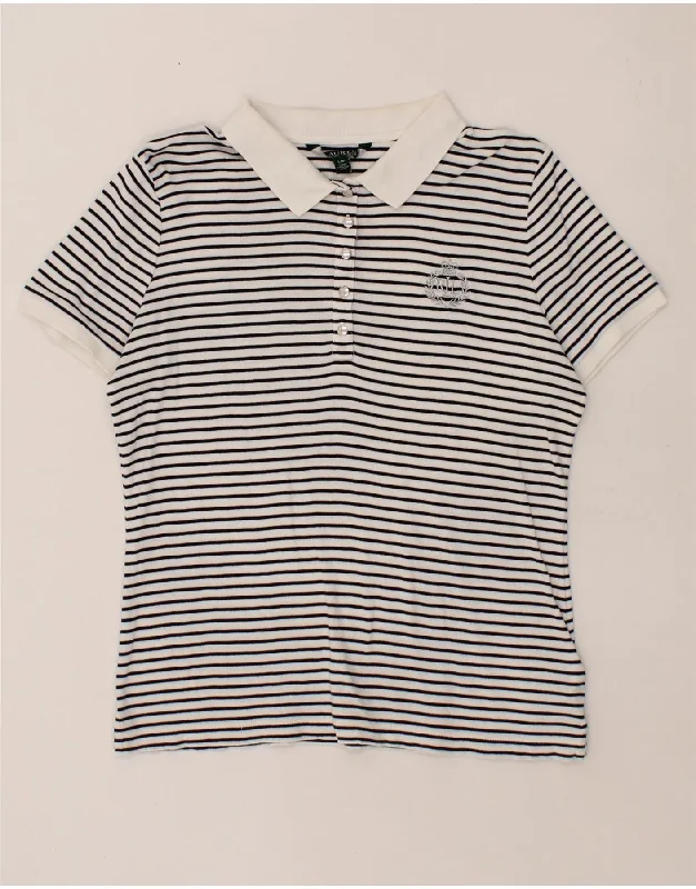 RALPH LAUREN Womens Polo Shirt UK 14 Large White Striped Cotton Relaxed Cotton Short Shirt