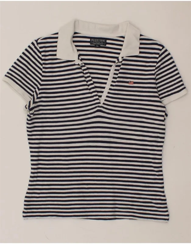 RALPH LAUREN Womens Polo Shirt UK 18 XL Navy Blue Striped Chic V-Neck Short Blouse