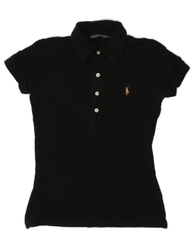 RALPH LAUREN Womens Polo Shirt UK 8 Small Black Cotton Classic Cropped Short Sleeve