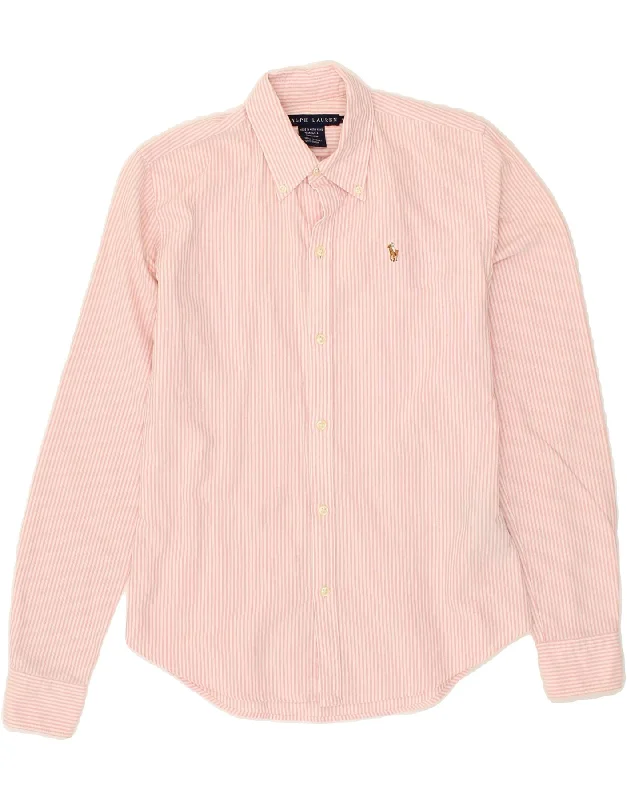 RALPH LAUREN Womens Shirt US 4 Small Pink Striped Cotton Stylish Crew Neck Shirt