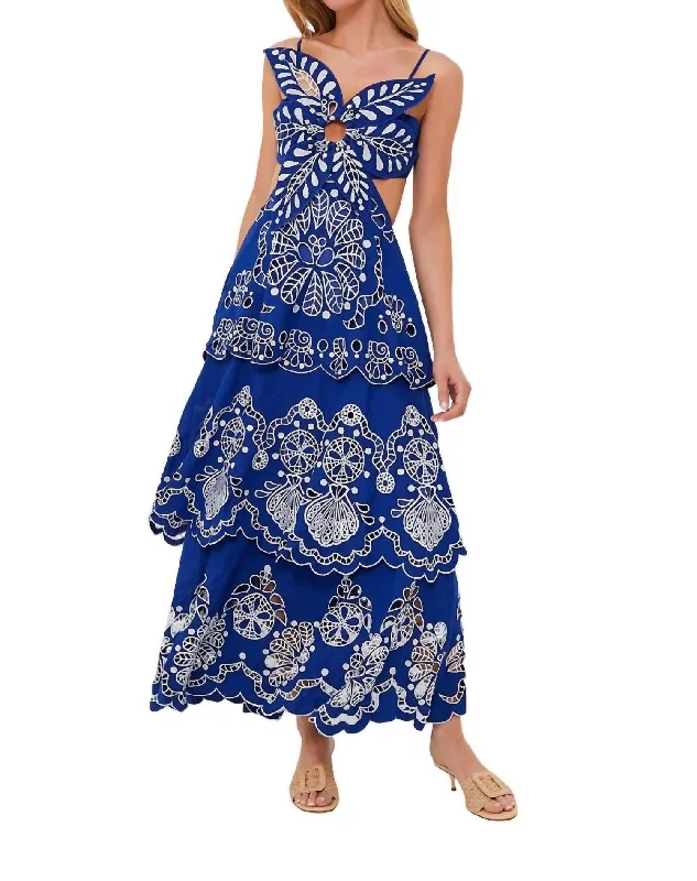 Richelieu Linen Midi Dress In Blue Flower Fashionable Floral Embroidery Midi Dress