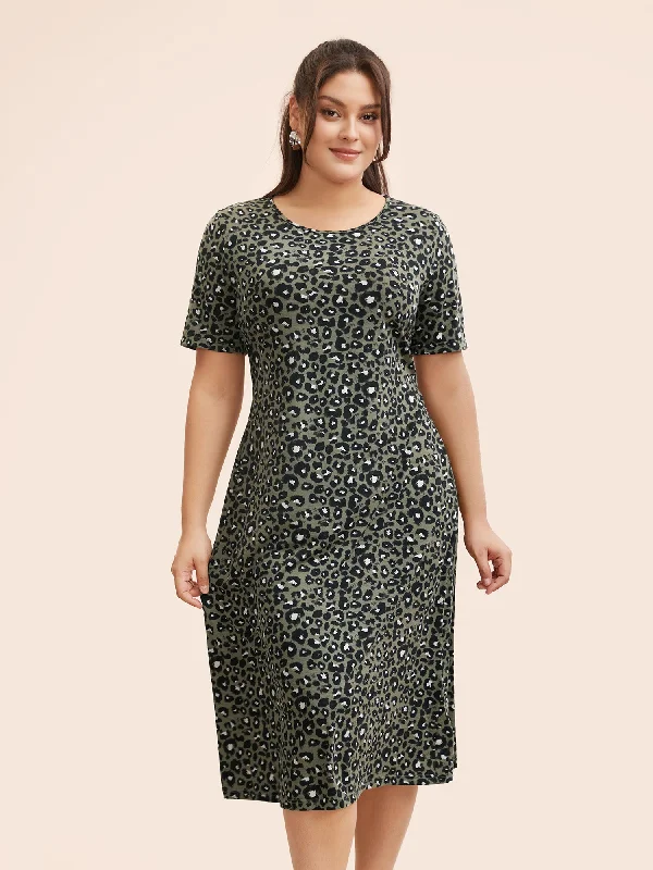 Round Neck Leopard Print Midi Dress Elegant Maxi-Midi Hybrid Dress