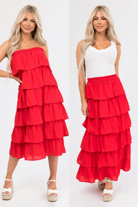 Scarlet Ruffle Convertible Maxi Skirt Midi Dress Stylish Pleated Skirt Midi Dress