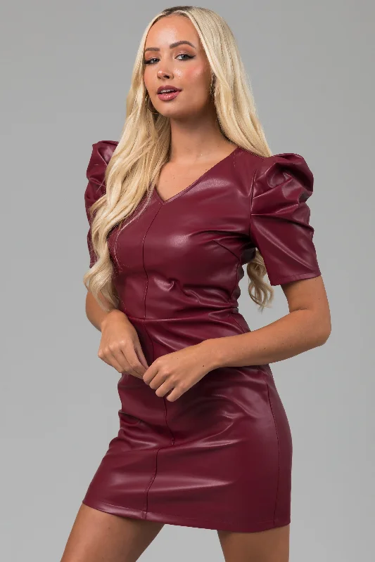 She+Sky Maroon Faux Leather Puff Sleeve Mini Dress Comfortable Casual Mini Dress