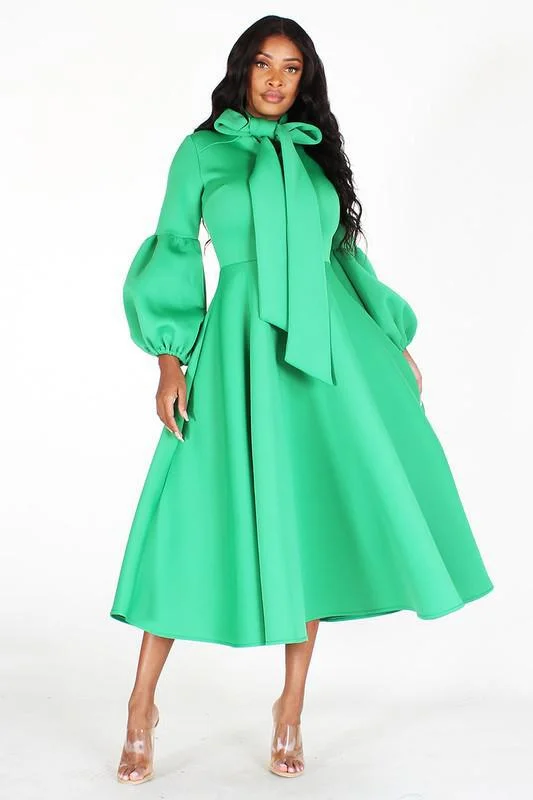 Solid Bow Tie, Puff Sleeve, Midi Dress Cozy Spaghetti Strap Midi Dress